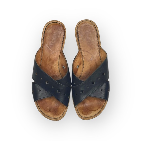 Born® 𖤐 Cross Font Laser Cut Cork Wedge Heel Sandals 𖤐 Black Leather 𖤐 6 36.5 - Picture 10 of 16